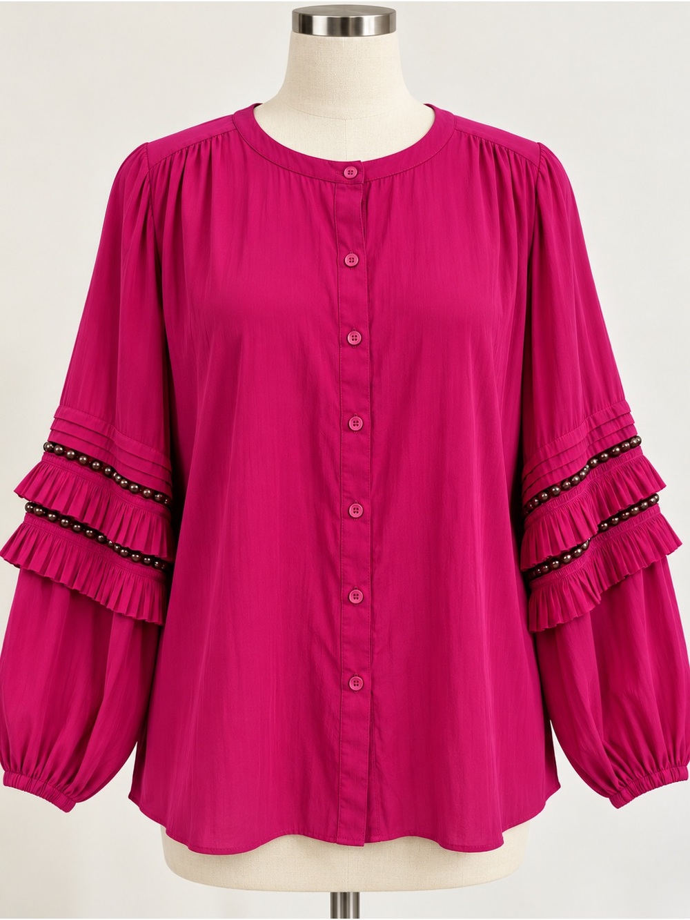 Chico’s Size 3 US 16 Magenta Beaded Ruffle Sleeve Button Front Blouse